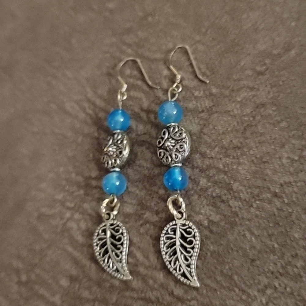 3/$30 HANDMADE Blue Agate Beaded Leaf Charm Dangle Hook Earrings
